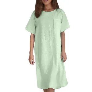 Linen Dress for Women Summer 2025 Scoop Neck Short Sleeve Mini Dress Casual Beach Vacation Sundresses with Pocket
