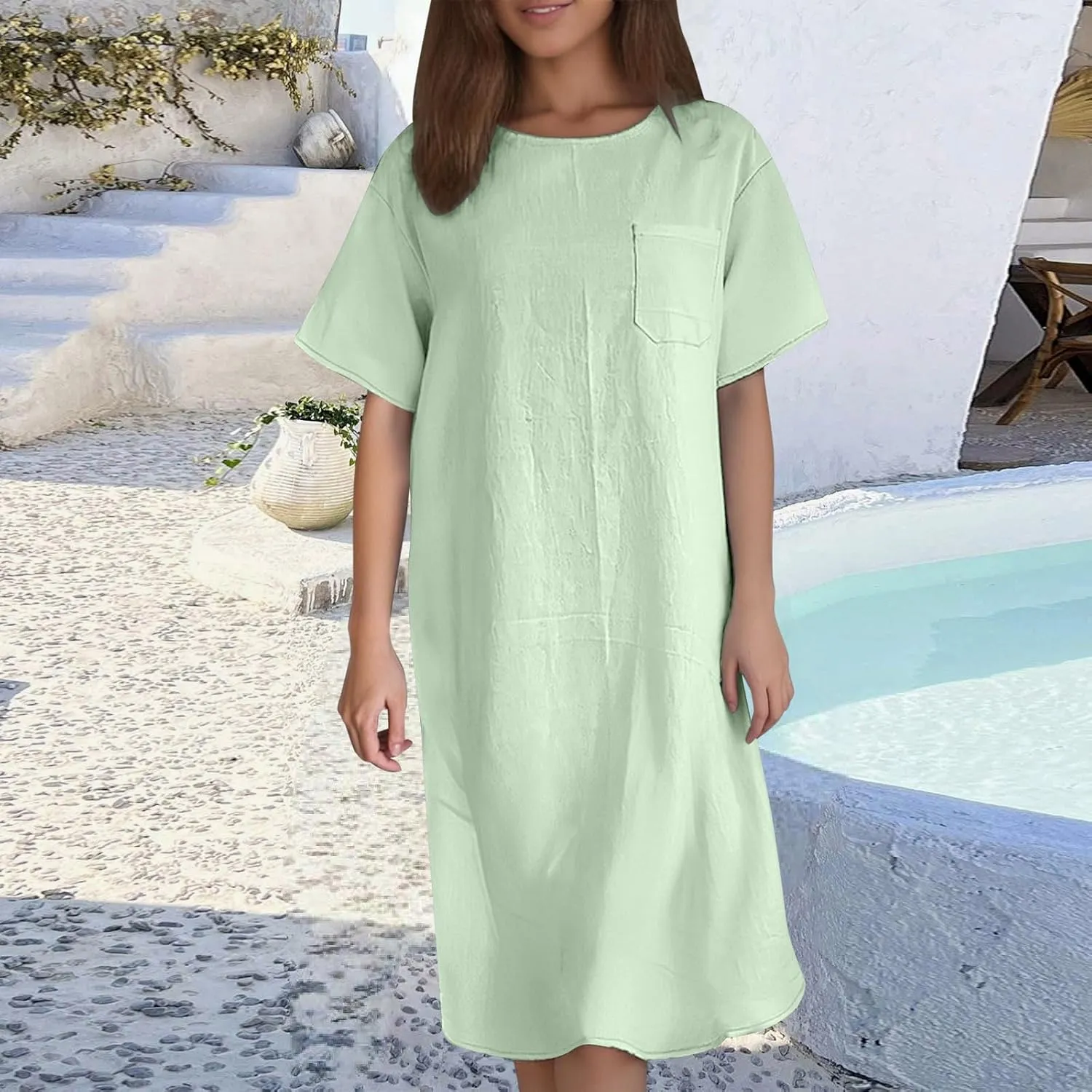 Linen Dress for Women Summer 2025 Scoop Neck Short Sleeve Mini Dress Casual Beach Vacation Sundresses with Pocket