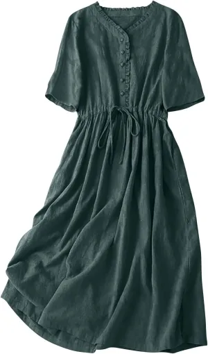 Linen Dresses for Women 2025 Summer Long Maxi Dress Short Sleeve Button Down Tshirt Sundresses Boho Beach Outfits