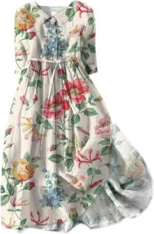 Linen Dresses Women 2025 Plus Size Floral Maxi Dress Short Sleeve Button Down t-Shirt Dress Swing Beach Sundresses