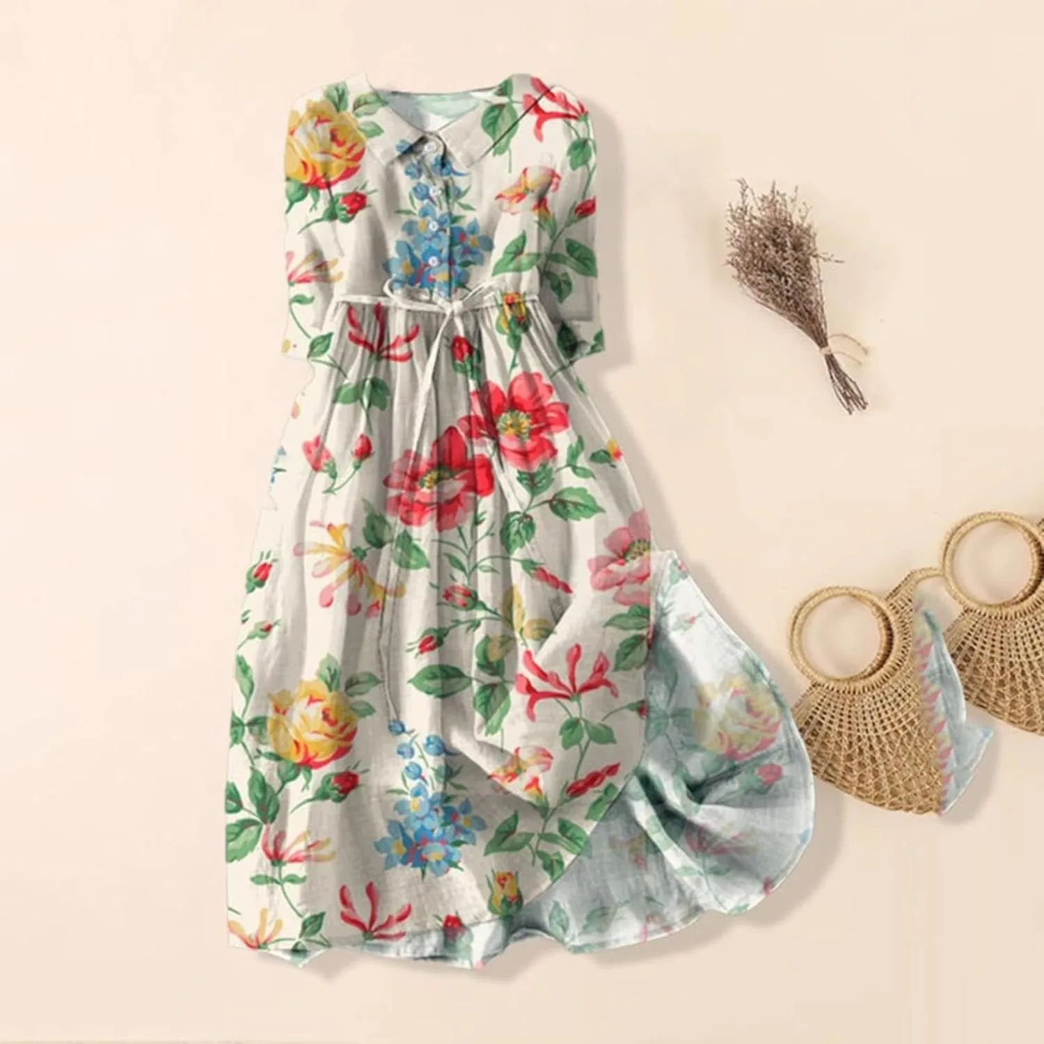 Linen Dresses Women 2025 Plus Size Floral Maxi Dress Short Sleeve Button Down t-Shirt Dress Swing Beach Sundresses