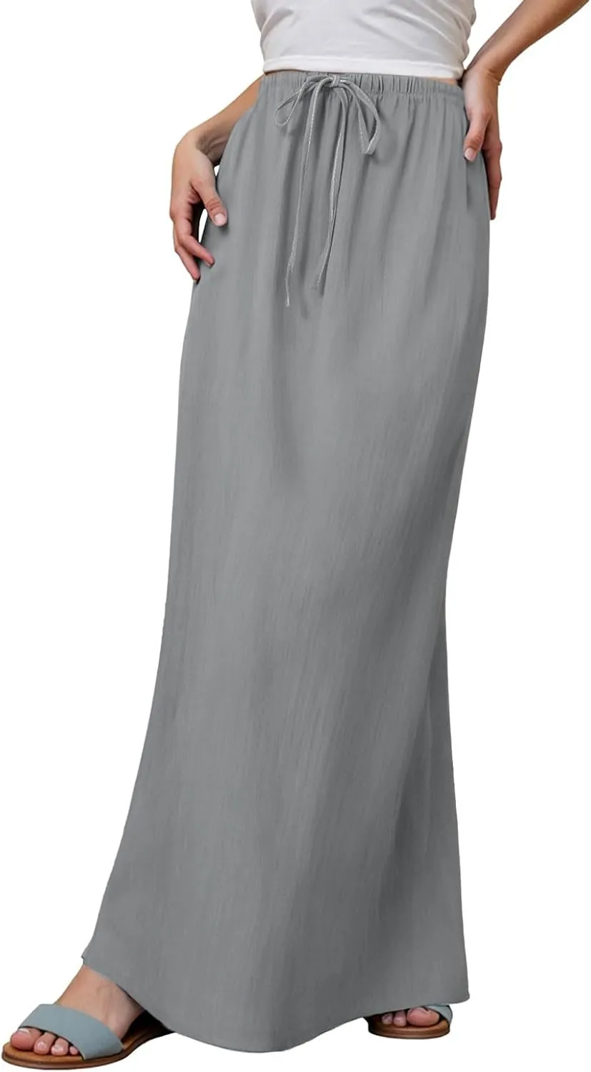 Linen Maxi Skirts for Women Summer Drawstring Waist A Line Skirts Cute Vacation Boho Beach Long Flowy Skirts