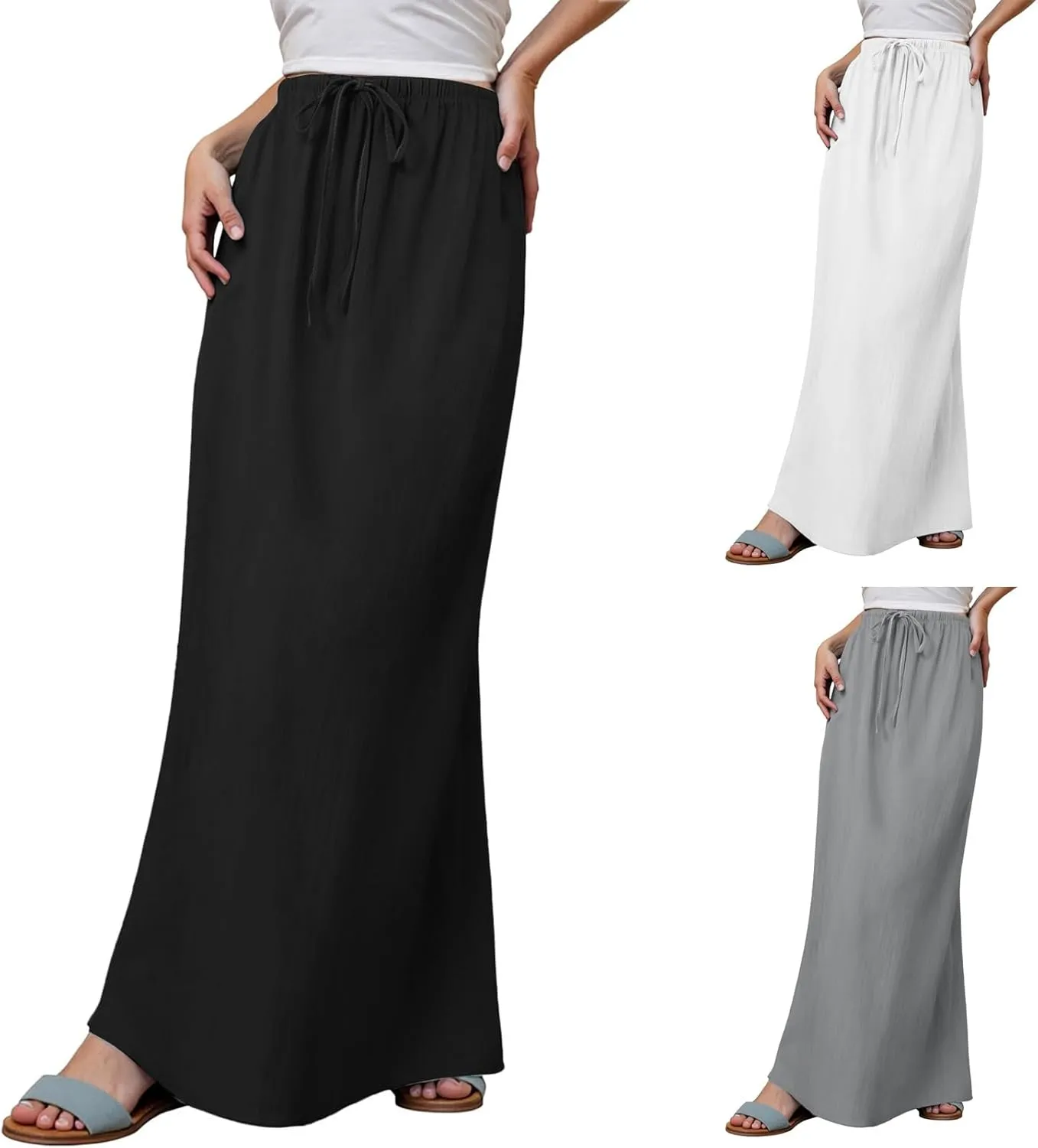 Linen Maxi Skirts for Women Summer Drawstring Waist A Line Skirts Cute Vacation Boho Beach Long Flowy Skirts