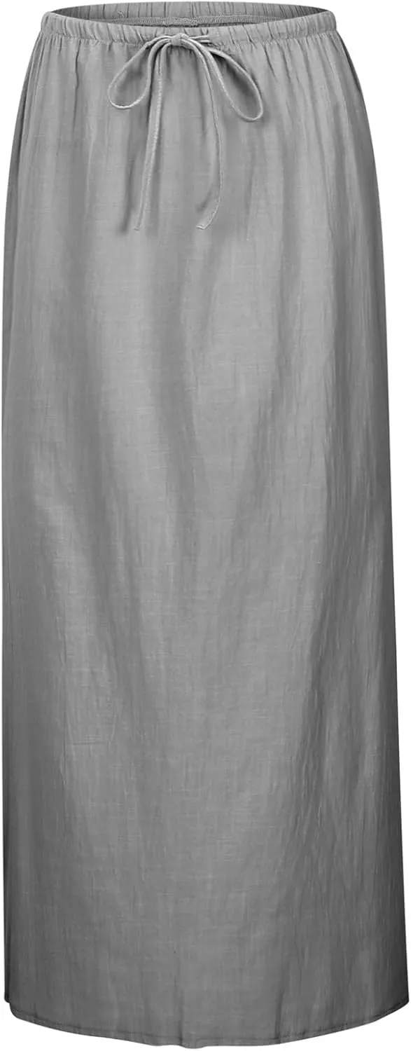 Linen Maxi Skirts for Women Summer Drawstring Waist A Line Skirts Cute Vacation Boho Beach Long Flowy Skirts