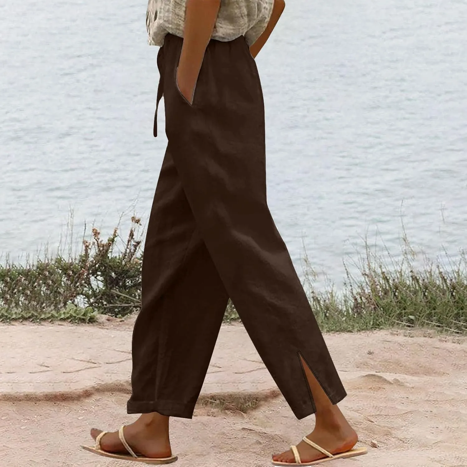 Linen Pants for Women 2025 Summer High Waist Elastic Straight Leg Lounge Pant Casual Loose Lightweight Beach Trousers