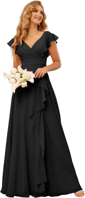 Long Chiffon Bridesmaid Dresses for Women V Neck Ruffled Split Long Formal Evening Dress