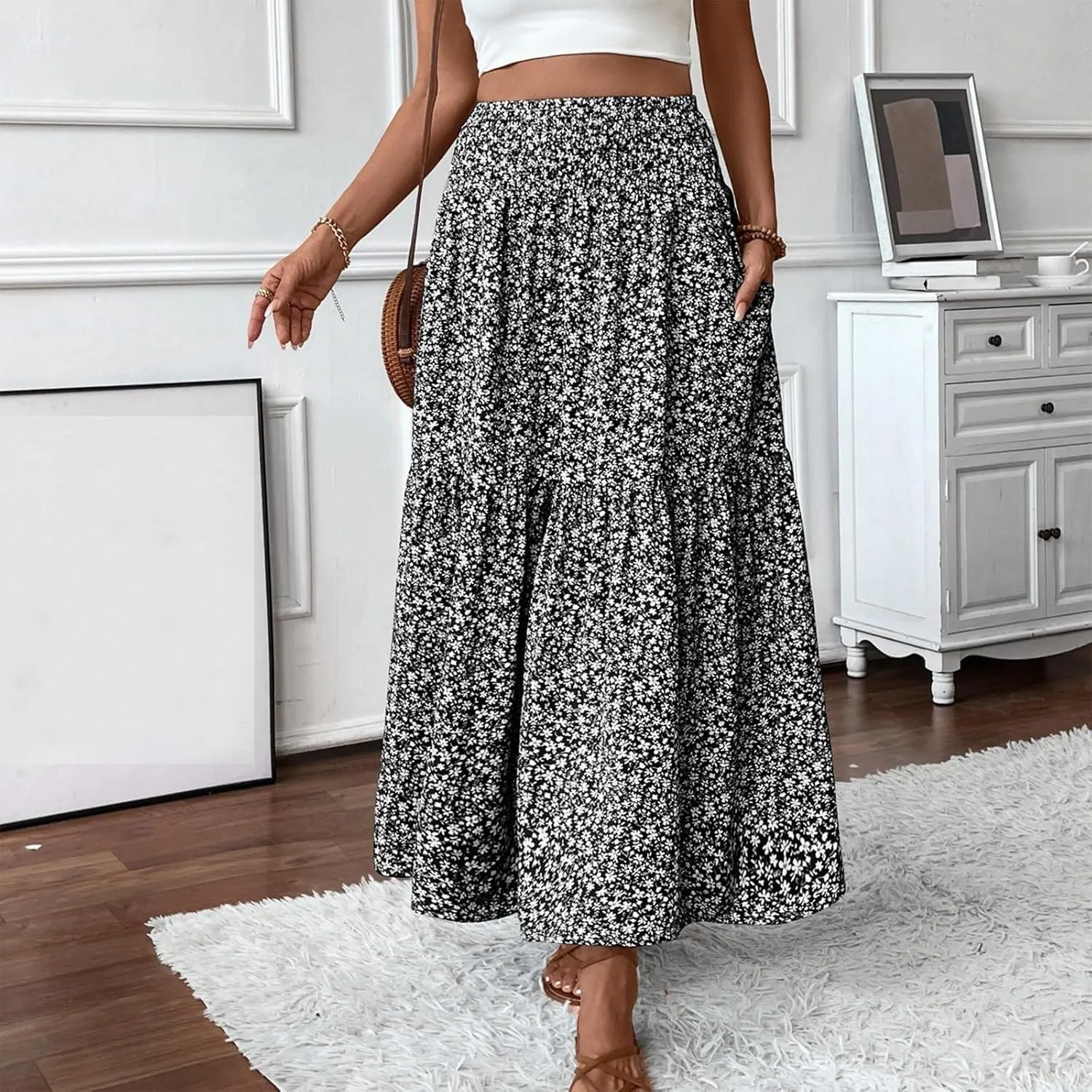 Long Flowy Skirts for Women Smocked High Waisted Floral Maxi Skirt with Pockets Boho Ruffle Tiered Beach A Line Skirt