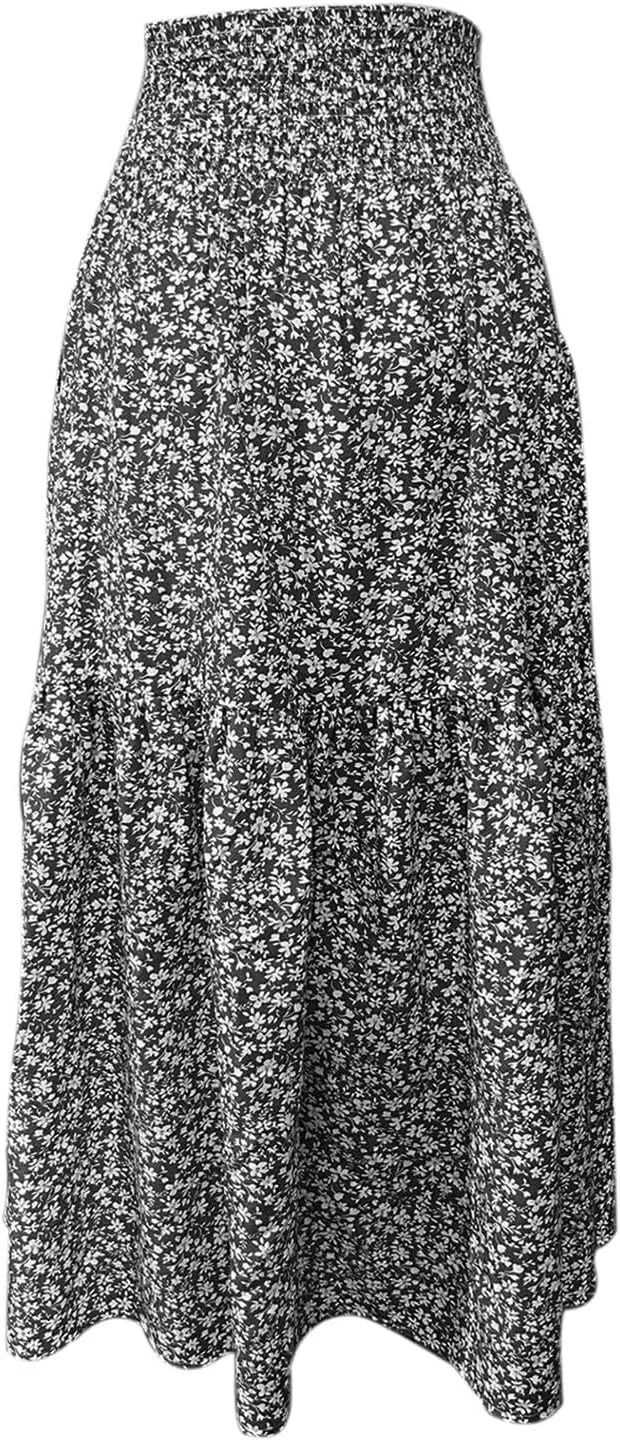 Long Flowy Skirts for Women Smocked High Waisted Floral Maxi Skirt with Pockets Boho Ruffle Tiered Beach A Line Skirt