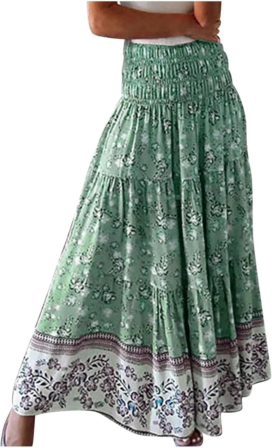 Long Skirts for Women Floral Boho Flowy Maxi Skirt Swing Tiered Midi Skirt Smocked Elastic High Waisted Skirts