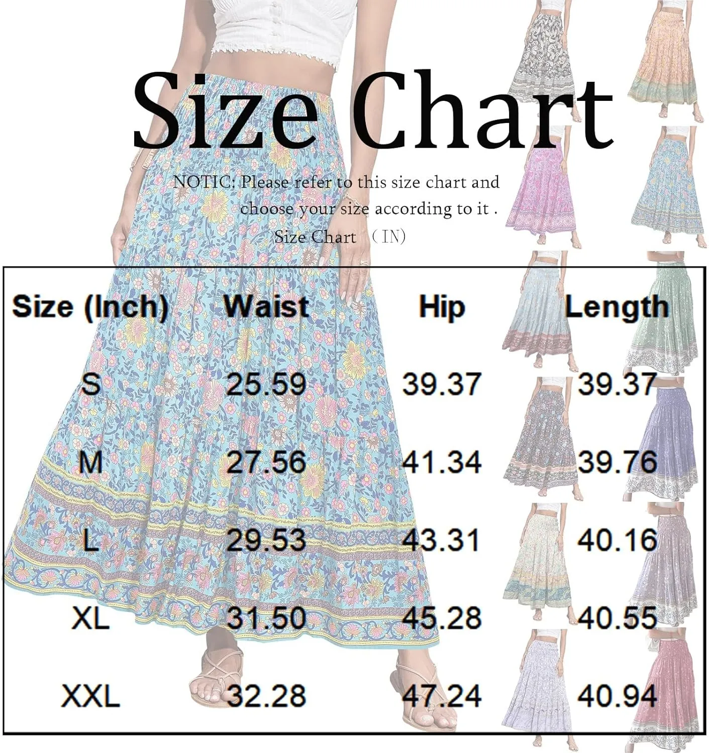 Long Skirts for Women Floral Boho Flowy Maxi Skirt Swing Tiered Midi Skirt Smocked Elastic High Waisted Skirts