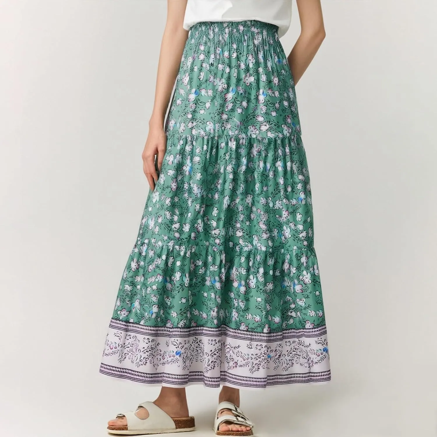 Long Skirts for Women Floral Boho Flowy Maxi Skirt Swing Tiered Midi Skirt Smocked Elastic High Waisted Skirts