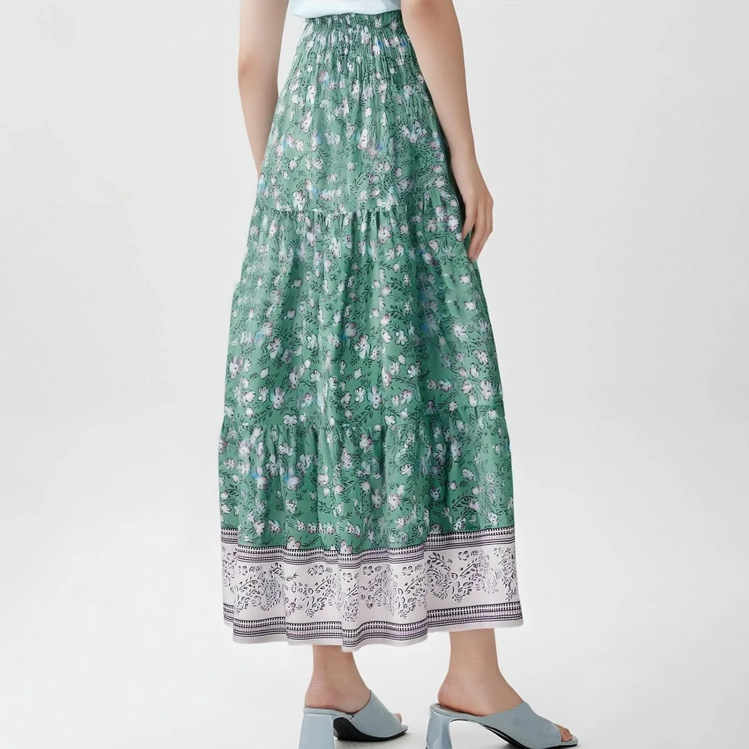 Long Skirts for Women Floral Boho Flowy Maxi Skirt Swing Tiered Midi Skirt Smocked Elastic High Waisted Skirts