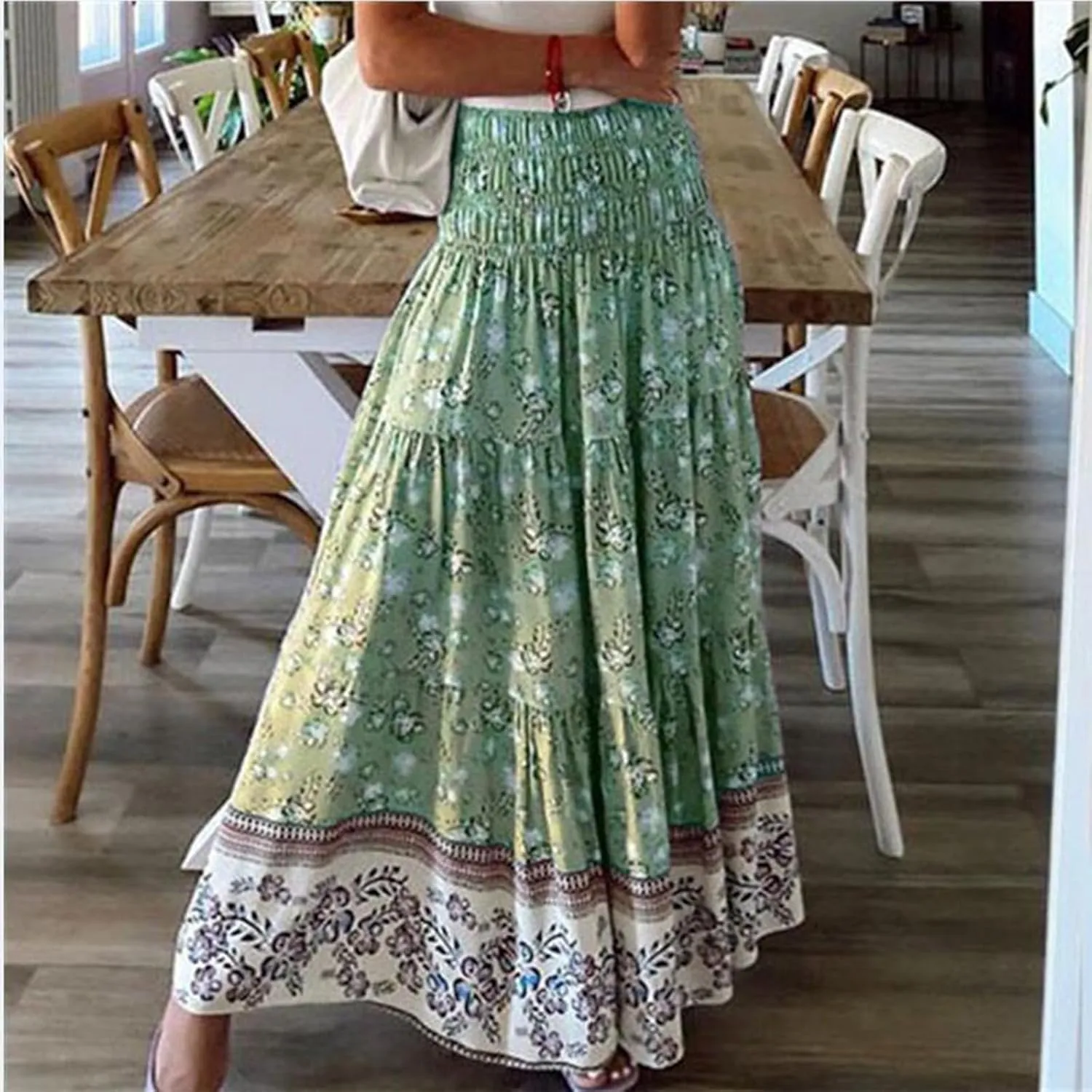Long Skirts for Women Floral Boho Flowy Maxi Skirt Swing Tiered Midi Skirt Smocked Elastic High Waisted Skirts
