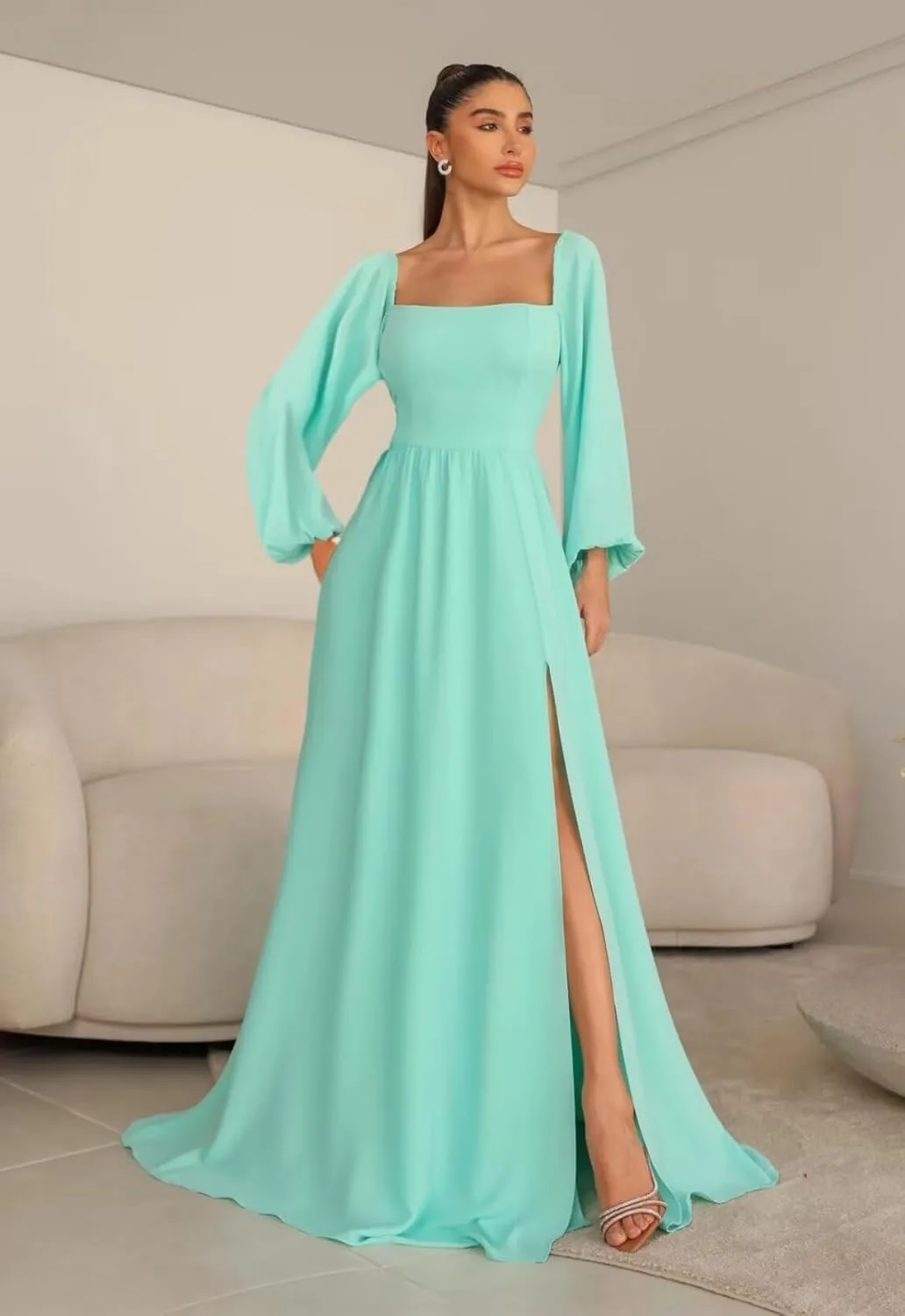 Long Sleeve Bridesmaid Dresses for Women Chiffon A-Line Square Neck Evening Formal Gown with Pockets