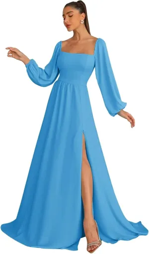 Long Sleeve Bridesmaid Dresses for Women Chiffon A-Line Square Neck Evening Formal Gown with Pockets