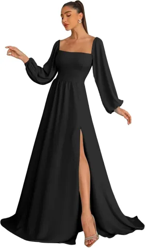 Long Sleeve Bridesmaid Dresses for Women Chiffon A-Line Square Neck Evening Formal Gown with Pockets