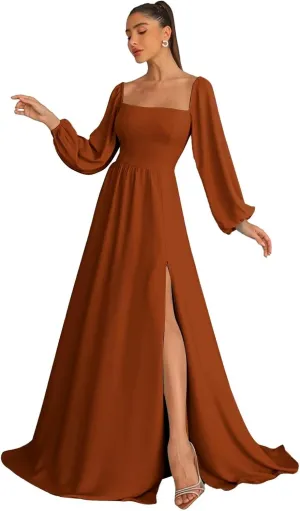 Long Sleeve Bridesmaid Dresses for Women Chiffon A-Line Square Neck Evening Formal Gown with Pockets