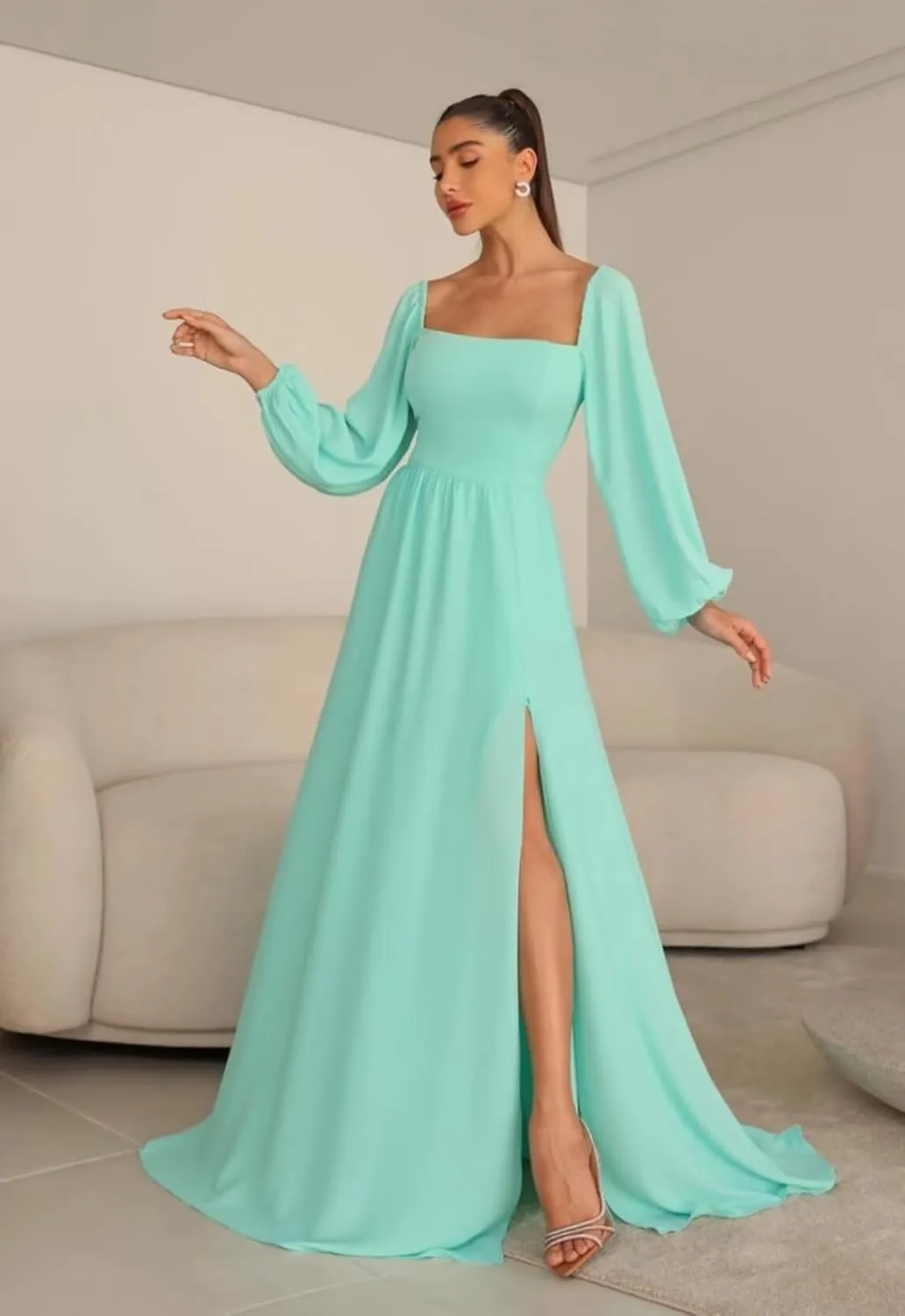 Long Sleeve Bridesmaid Dresses for Women Chiffon A-Line Square Neck Evening Formal Gown with Pockets