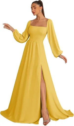 Long Sleeve Bridesmaid Dresses for Women Chiffon A-Line Square Neck Evening Formal Gown with Pockets