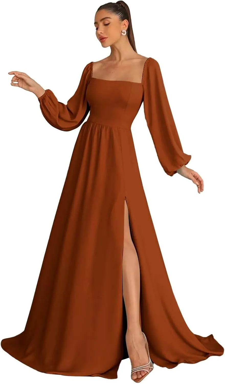 Long Sleeve Bridesmaid Dresses for Women Chiffon A-Line Square Neck Evening Formal Gown with Pockets