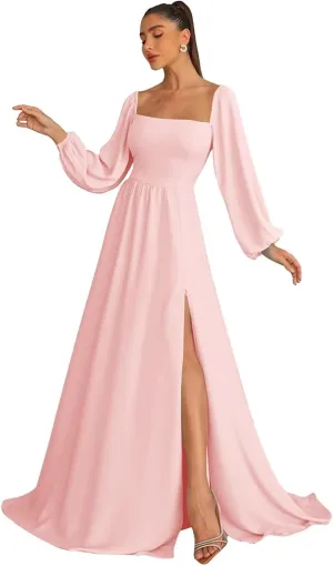 Long Sleeve Bridesmaid Dresses for Women Chiffon A-Line Square Neck Evening Formal Gown with Pockets