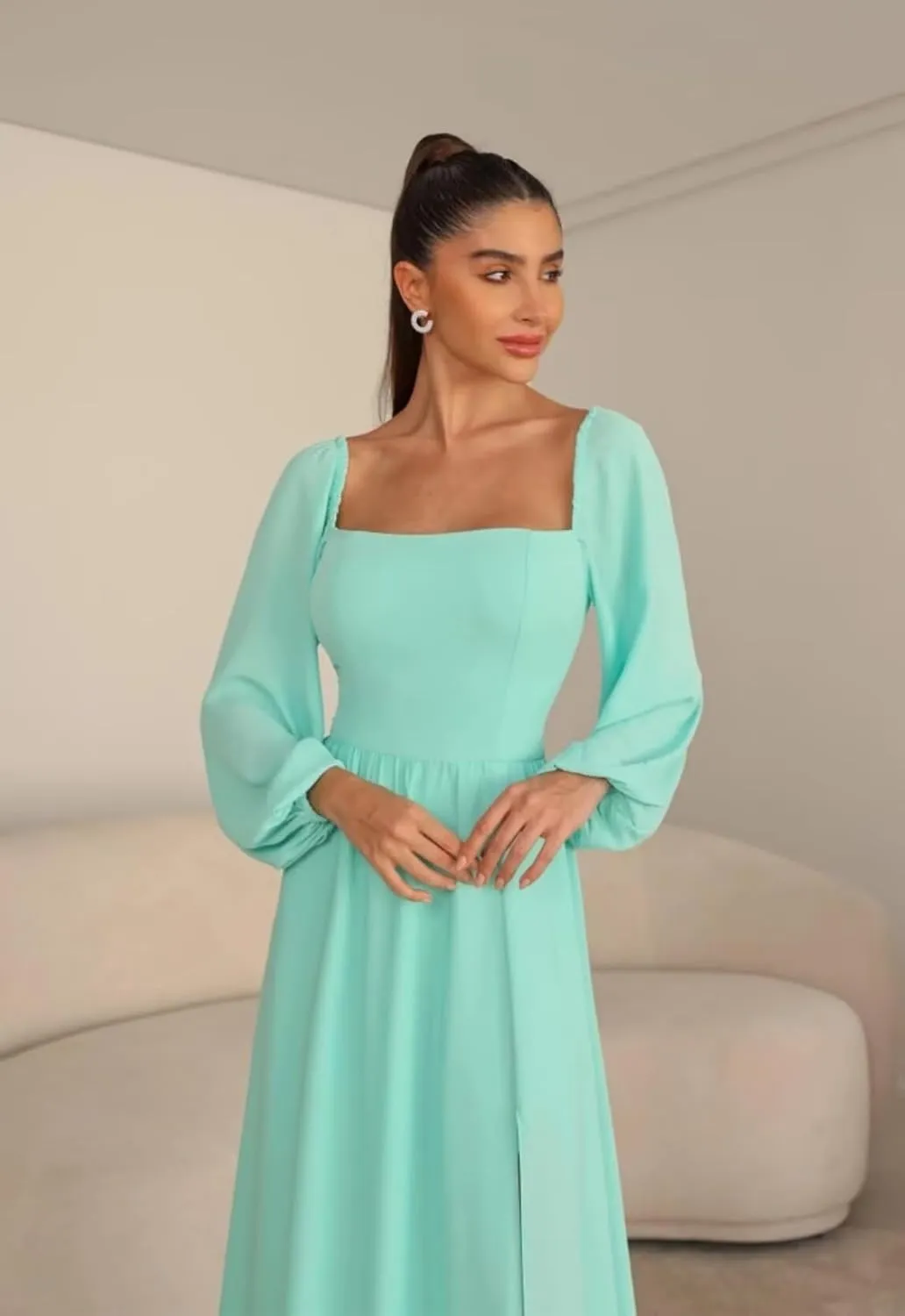 Long Sleeve Bridesmaid Dresses for Women Chiffon A-Line Square Neck Evening Formal Gown with Pockets