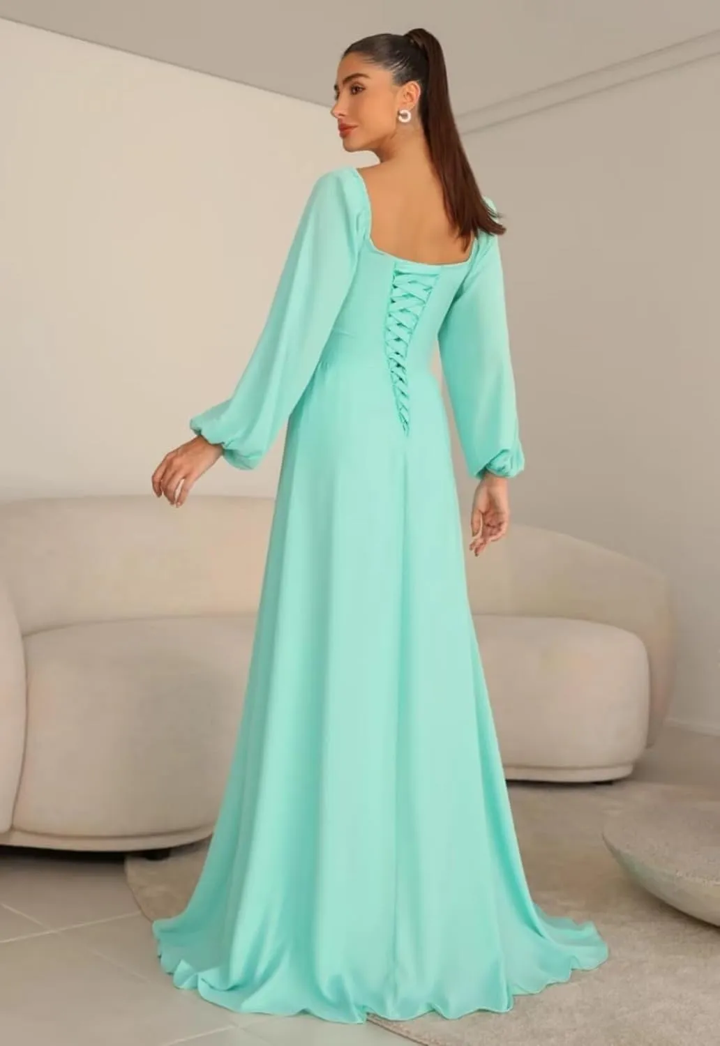 Long Sleeve Bridesmaid Dresses for Women Chiffon A-Line Square Neck Evening Formal Gown with Pockets
