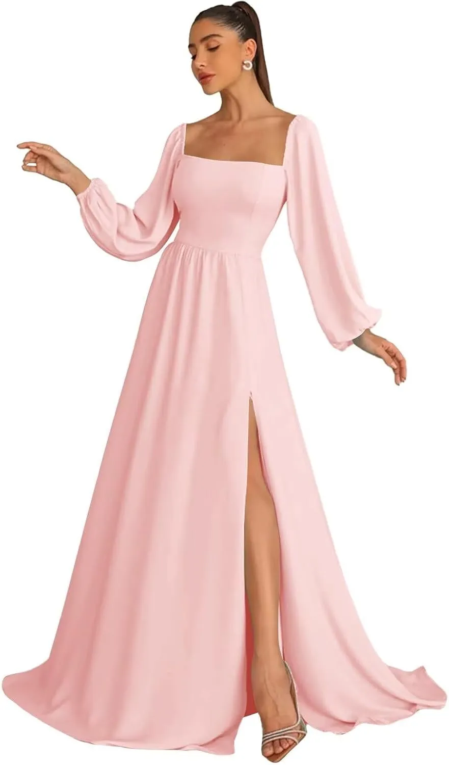 Long Sleeve Bridesmaid Dresses for Women Chiffon A-Line Square Neck Evening Formal Gown with Pockets