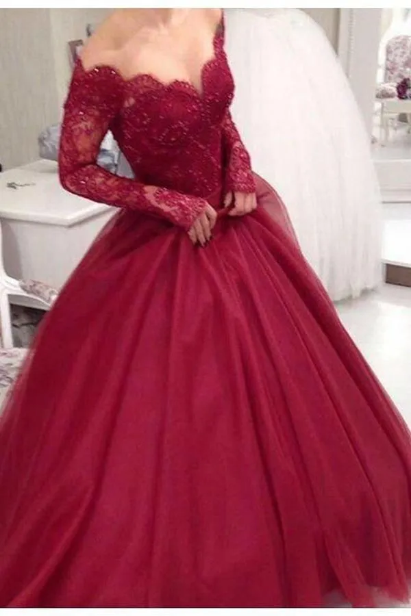Long Sleeves Ball Gown Burgundy Quinceanera Dress Prom Dress PSK200