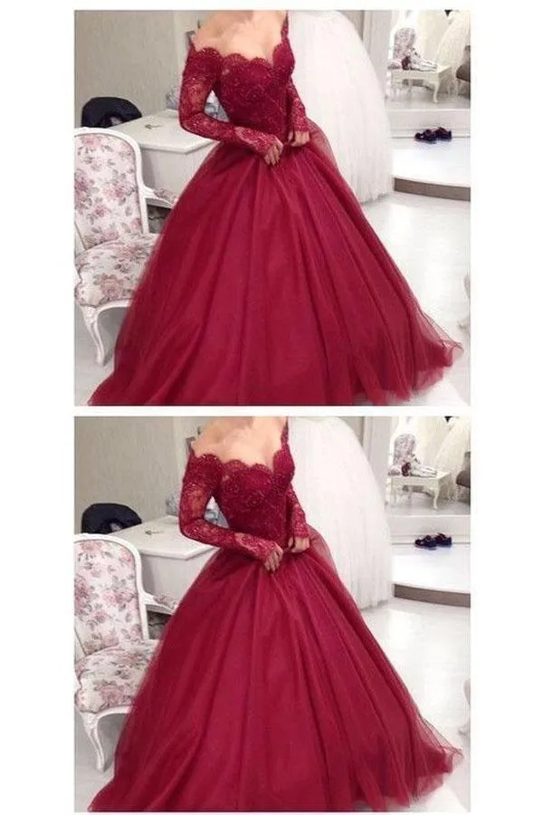 Long Sleeves Ball Gown Burgundy Quinceanera Dress Prom Dress PSK200