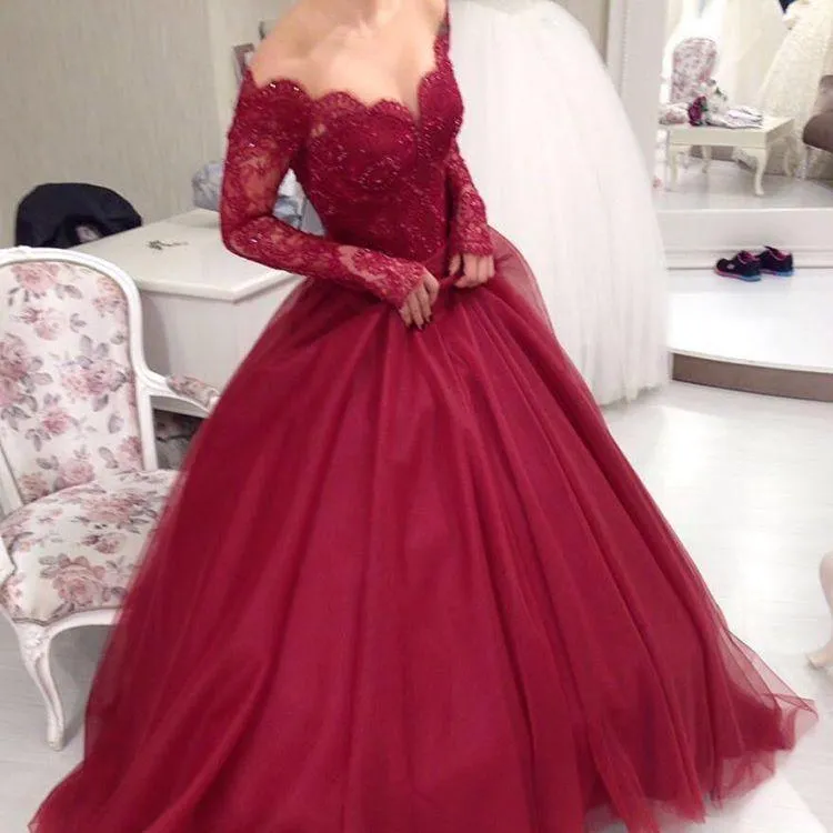 Long Sleeves Ball Gown Burgundy Quinceanera Dress Prom Dress PSK200