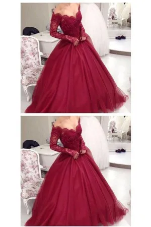 Long Sleeves Ball Gown Burgundy Quinceanera Dress Prom Dress PSK200
