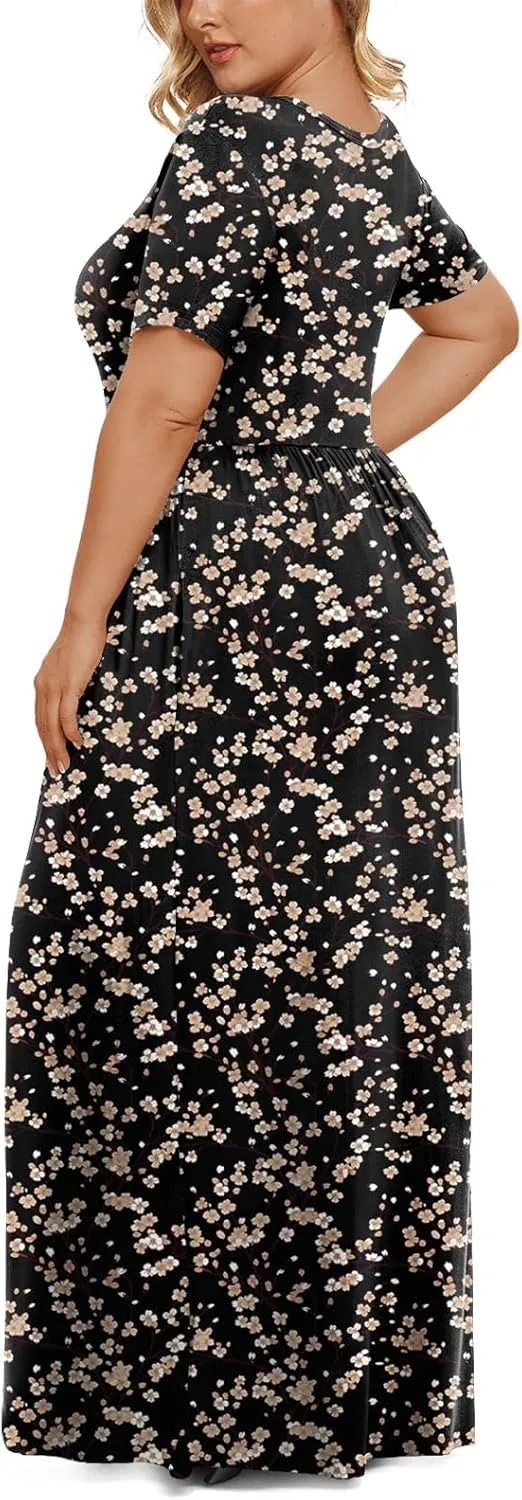 LONGYUAN Women's Plus Size Maxi Dresses for Curvy Women Summer Short Sleeve Casual 2025 Long Dress XL-6XL