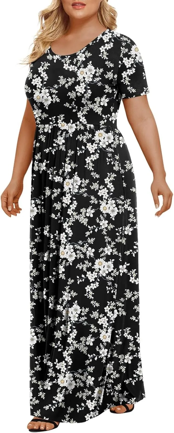 LONGYUAN Women's Plus Size Maxi Dresses for Curvy Women Summer Short Sleeve Casual 2025 Long Dress XL-6XL