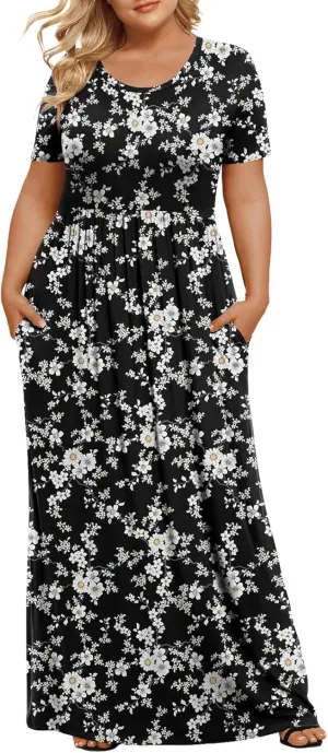 LONGYUAN Women's Plus Size Maxi Dresses for Curvy Women Summer Short Sleeve Casual 2025 Long Dress XL-6XL