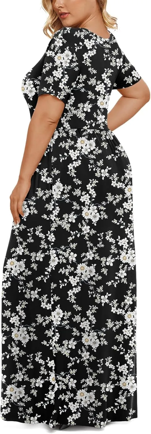 LONGYUAN Women's Plus Size Maxi Dresses for Curvy Women Summer Short Sleeve Casual 2025 Long Dress XL-6XL