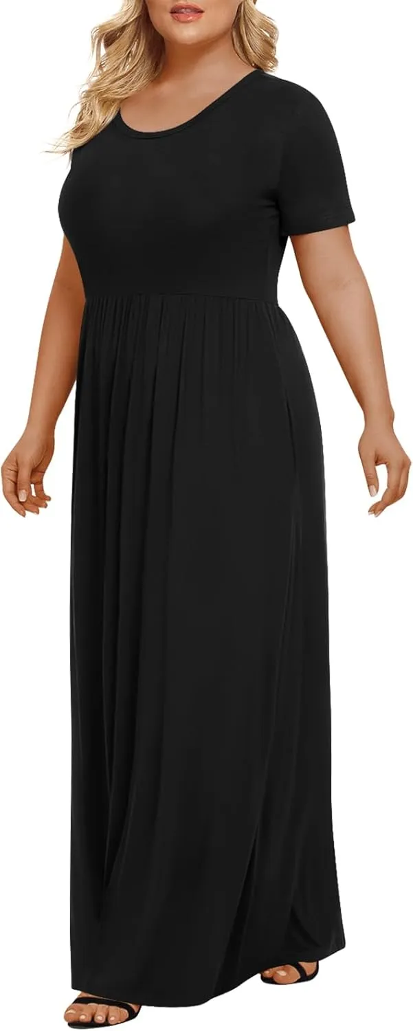 LONGYUAN Women's Plus Size Maxi Dresses for Curvy Women Summer Short Sleeve Casual 2025 Long Dress XL-6XL