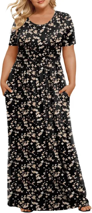 LONGYUAN Women's Plus Size Maxi Dresses for Curvy Women Summer Short Sleeve Casual 2025 Long Dress XL-6XL