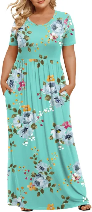 LONGYUAN Women's Plus Size Maxi Dresses for Curvy Women Summer Short Sleeve Casual 2025 Long Dress XL-6XL