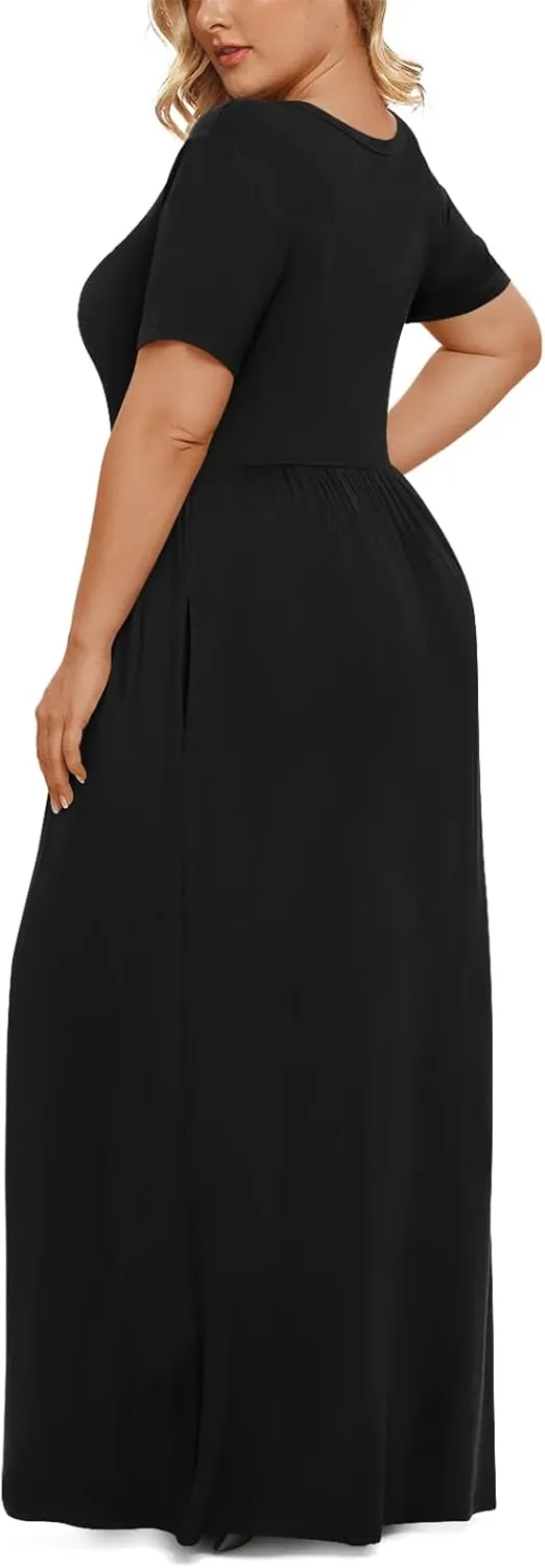 LONGYUAN Women's Plus Size Maxi Dresses for Curvy Women Summer Short Sleeve Casual 2025 Long Dress XL-6XL