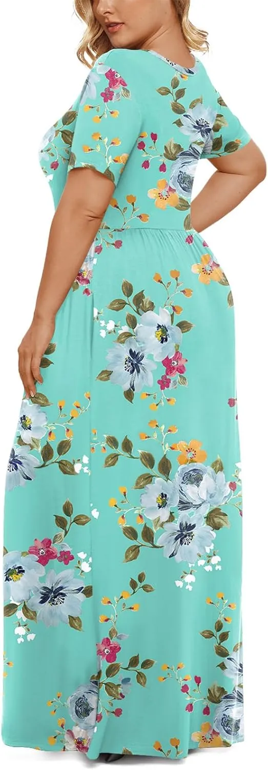 LONGYUAN Women's Plus Size Maxi Dresses for Curvy Women Summer Short Sleeve Casual 2025 Long Dress XL-6XL