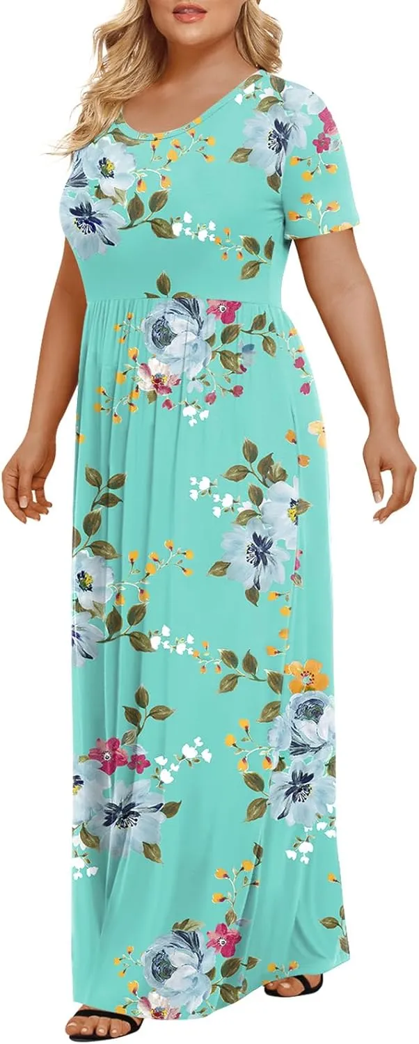 LONGYUAN Women's Plus Size Maxi Dresses for Curvy Women Summer Short Sleeve Casual 2025 Long Dress XL-6XL