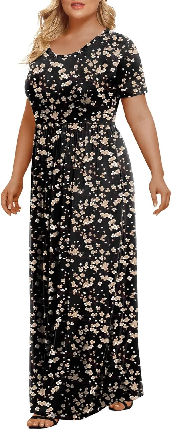 LONGYUAN Women's Plus Size Maxi Dresses for Curvy Women Summer Short Sleeve Casual 2025 Long Dress XL-6XL