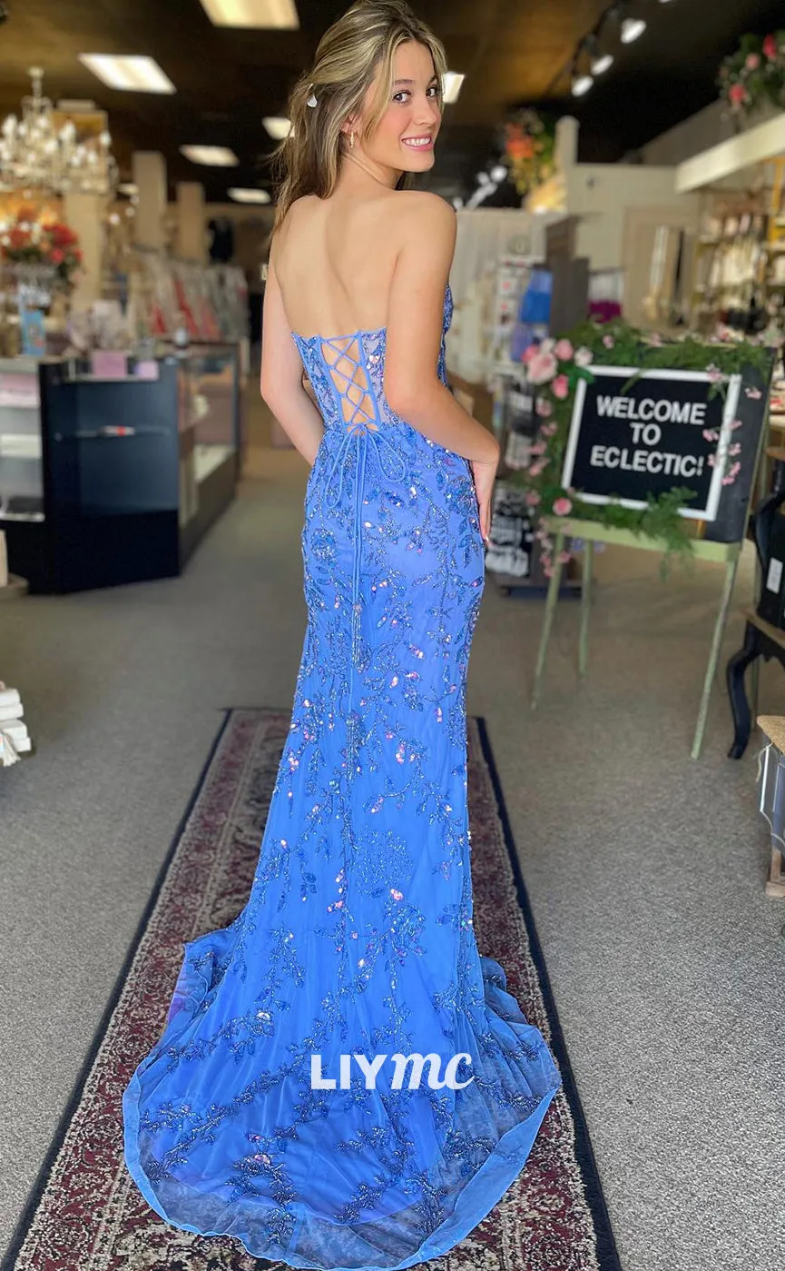 LP1367 - Sweetheart Strapless Appliques Beaded Side Slit Sheer Lace-Up Mermaid Prom Dress