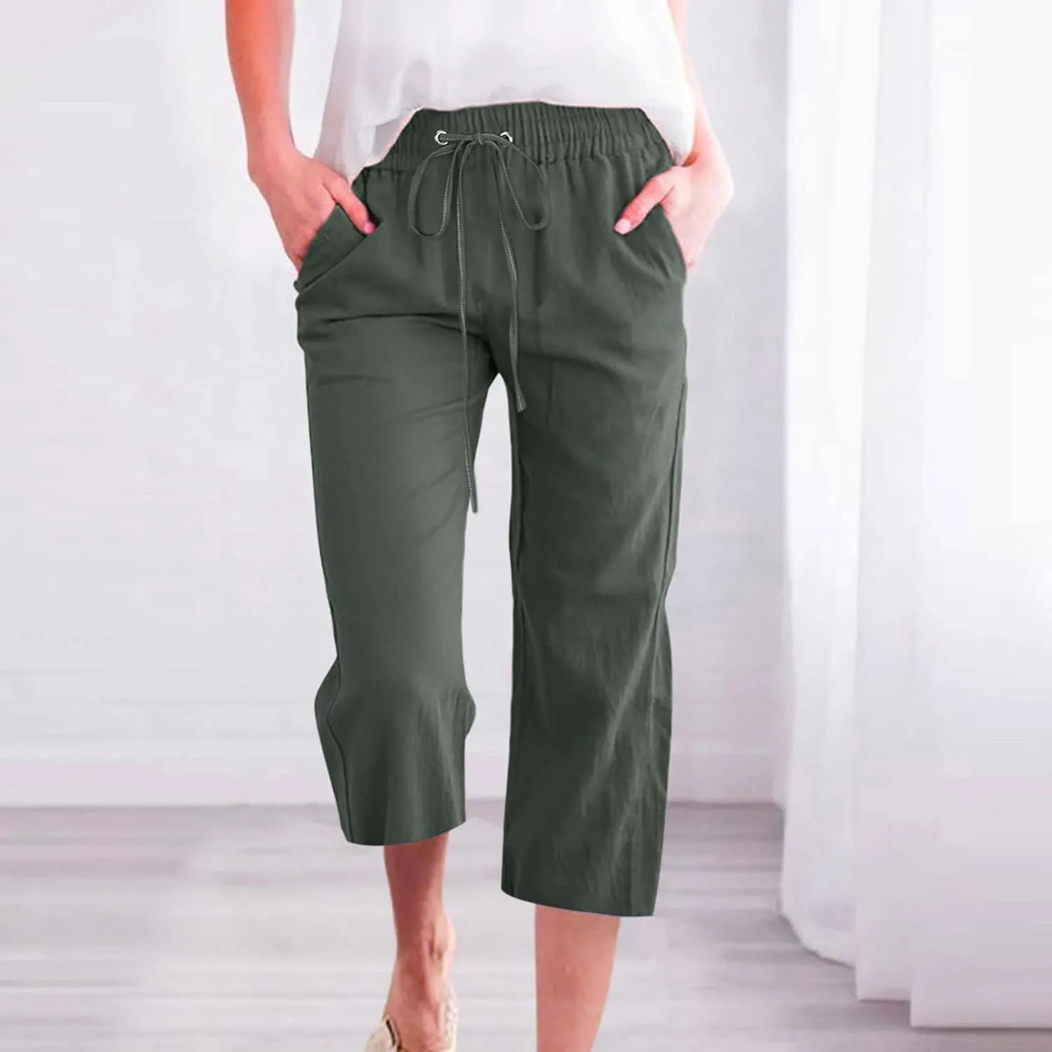 LRMQS Capris Pants for Women Cotton Linen Casual Summer 2025 Straight Wide Leg Loose Drawstring Elastic Waist Cropped Trouser