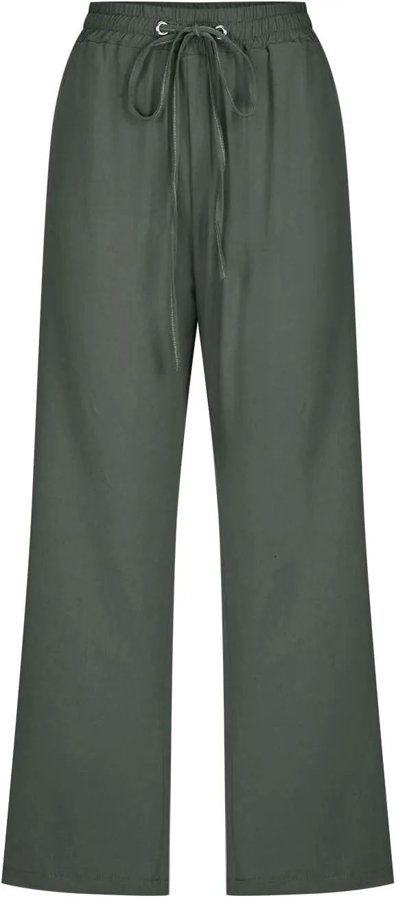 LRMQS Capris Pants for Women Cotton Linen Casual Summer 2025 Straight Wide Leg Loose Drawstring Elastic Waist Cropped Trouser