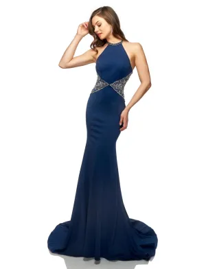 Lucci Lu 28002 Navy Halter Jersey Dress w/ Beaded Waistline