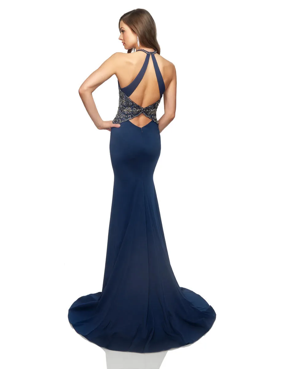 Lucci Lu 28002 Navy Halter Jersey Dress w/ Beaded Waistline