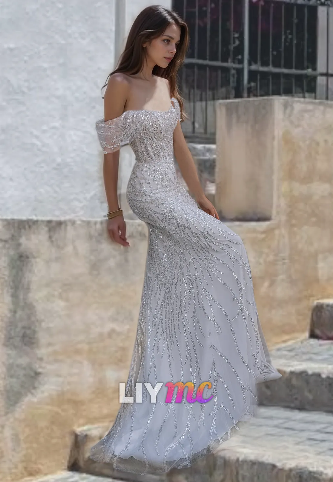 LW094 - Elegant Mermaid/Trumpet Off Shoulder Sequins Satin Long Wedding Dress