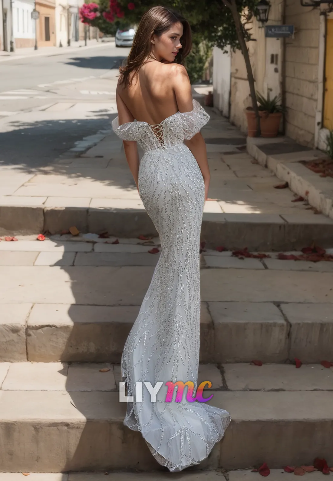 LW094 - Elegant Mermaid/Trumpet Off Shoulder Sequins Satin Long Wedding Dress